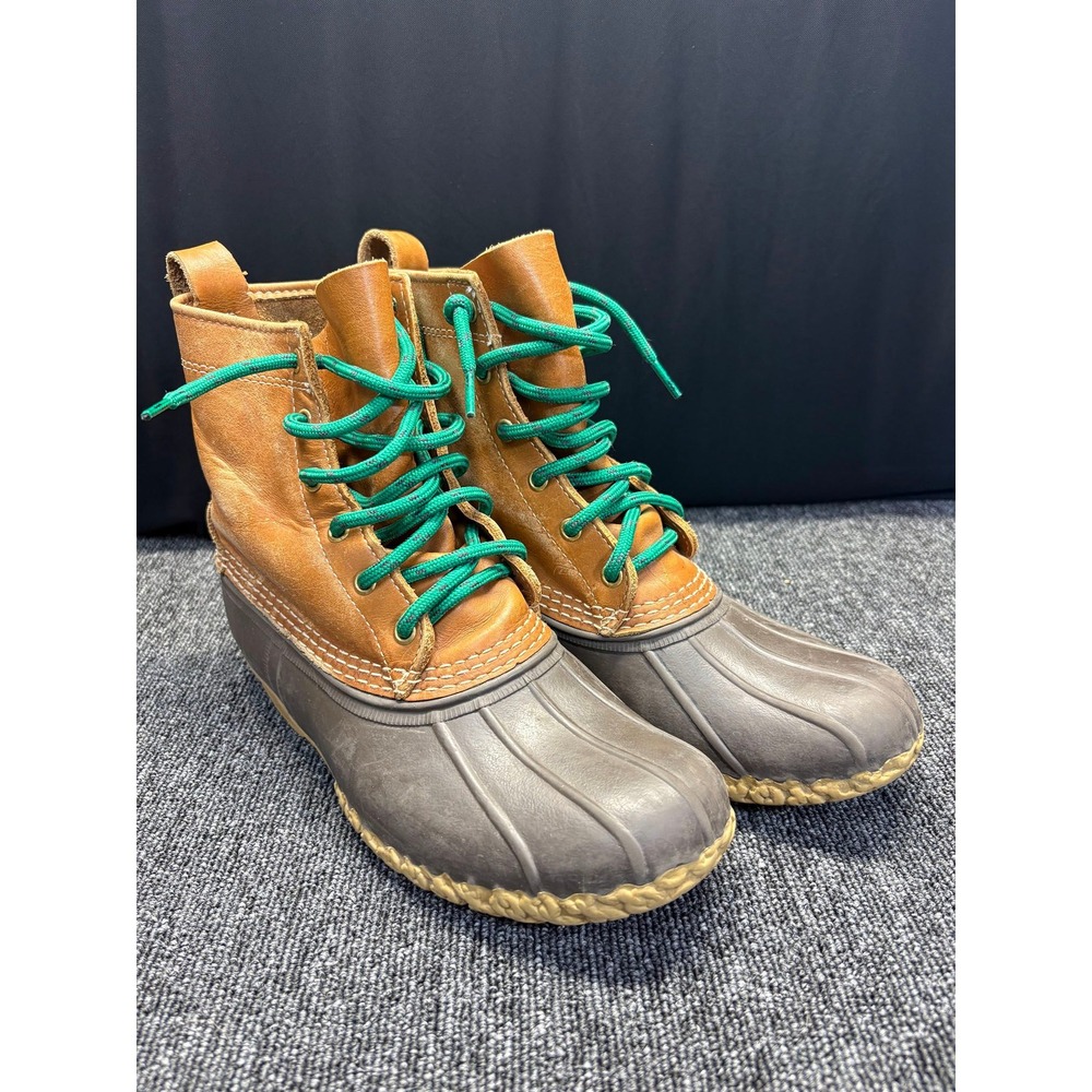 L.L. Bean Duck Boots Womens Tan Good 6" Leather Rubber Waterproof Green Laces
